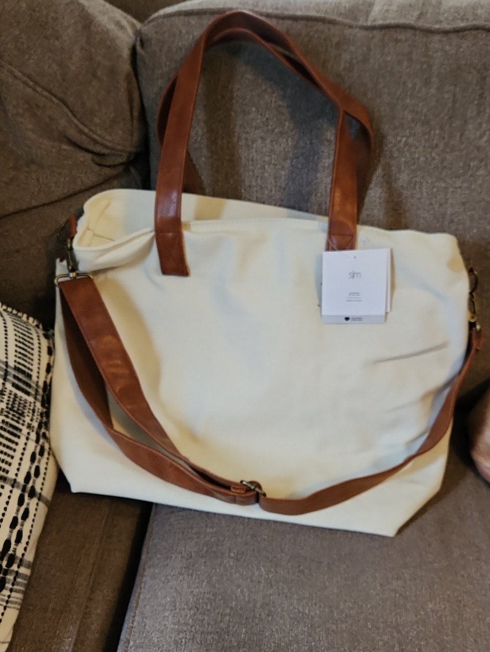 NWT Simple Modern Harper Neutral Cream Canvas Tote with Brown Trim